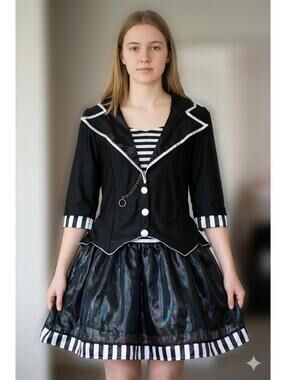 Alice in Wonderland Mad Hatter Costume Large Black/White Dress Halloween Cosplay